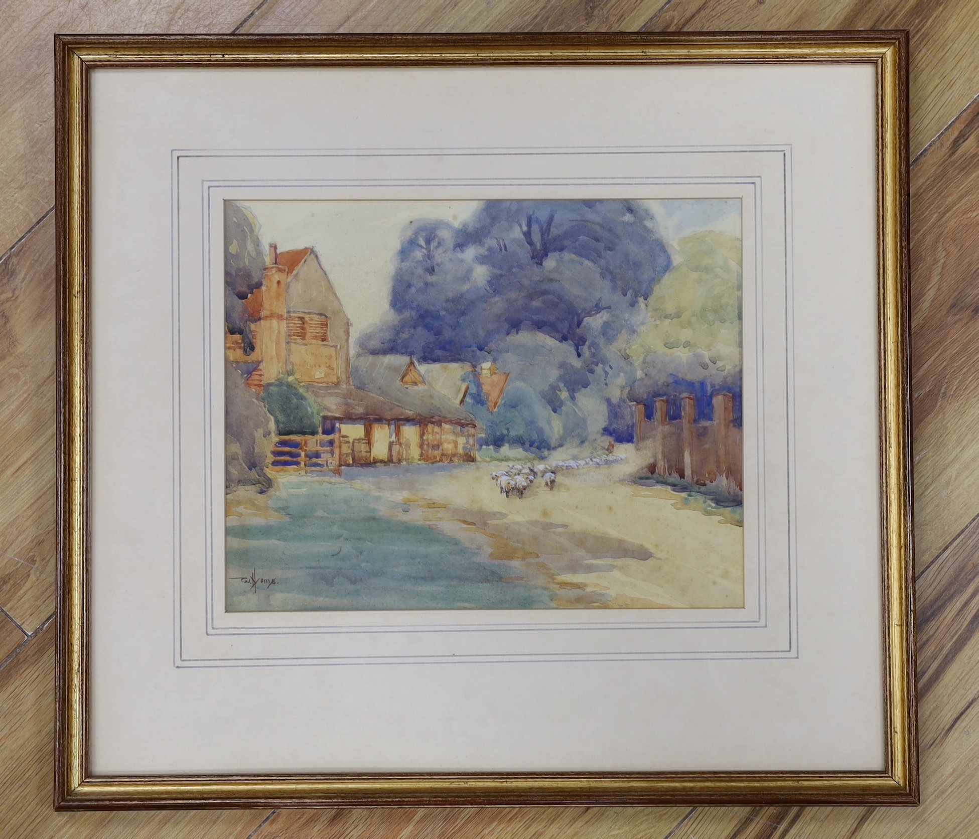 William Hyams (1878-1952), watercolour, Shepherd and flock on a lane, signed, 22 x 28cm